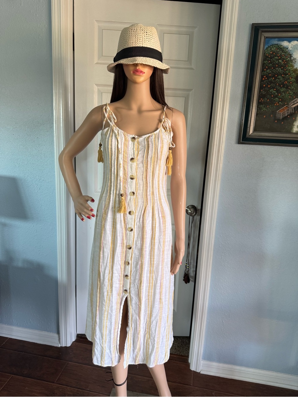 Club Z Collection Striped Button-Front Summer Midi Dress in White and Mustard